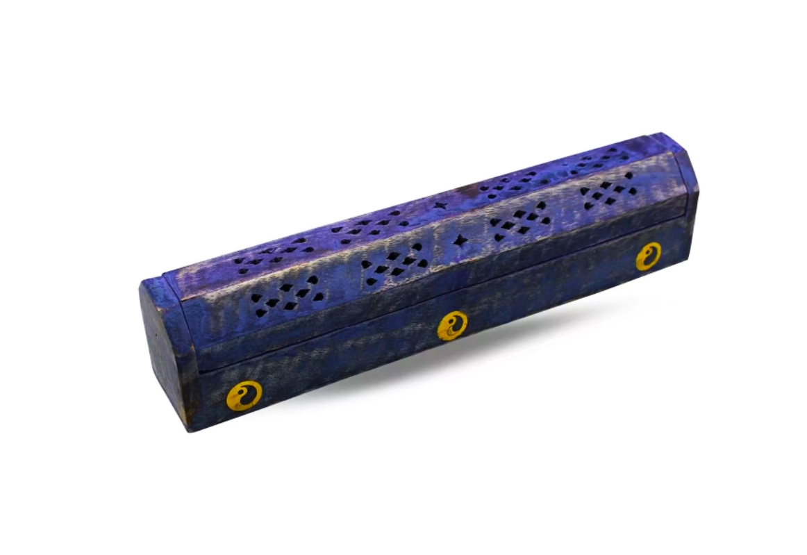Scatola di legno porta incenso Blu con contenitore 